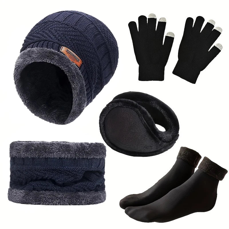 Outdoor leisure set Men's winter hat outdoor winter scarf, gloves, neckline, one plus cashmere insulated knit hat and socks