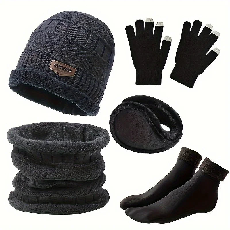 Outdoor leisure set Men's winter hat outdoor winter scarf, gloves, neckline, one plus cashmere insulated knit hat and socks