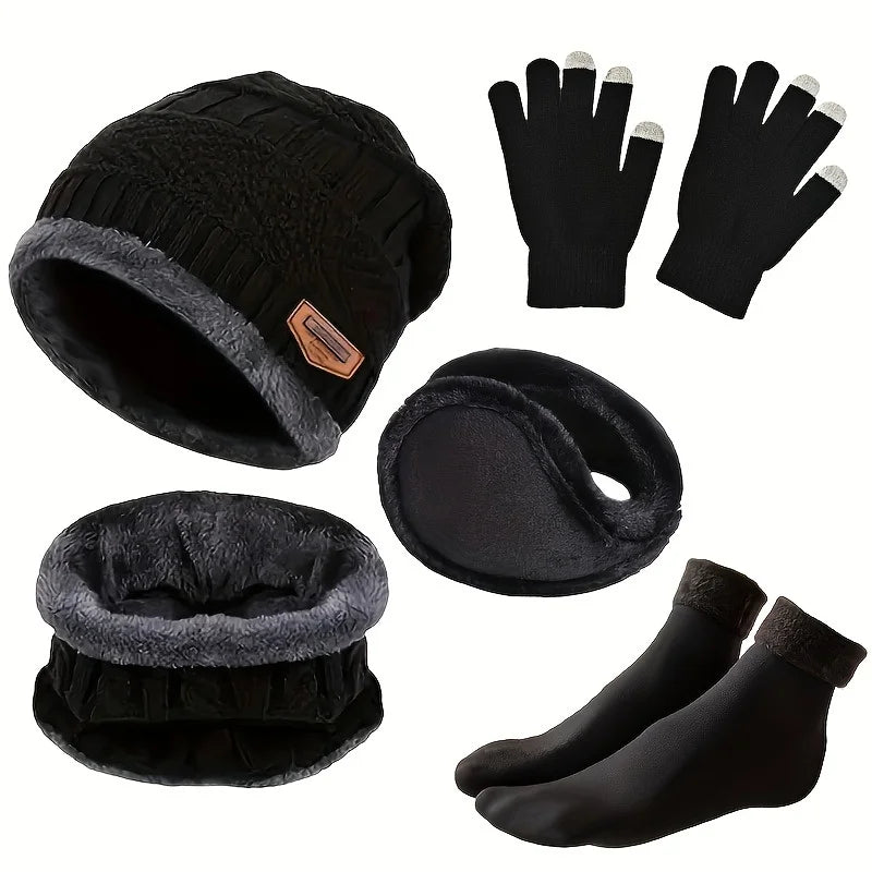 Outdoor leisure set Men's winter hat outdoor winter scarf, gloves, neckline, one plus cashmere insulated knit hat and socks