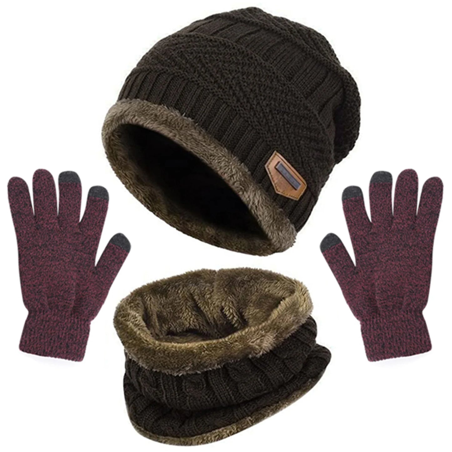 Winter Set Hat Scarves Touch Screen Gloves 3pcs Warm Men Women Fashion Thickening Plus Wool Neck Protect Cap Outdoor Riding