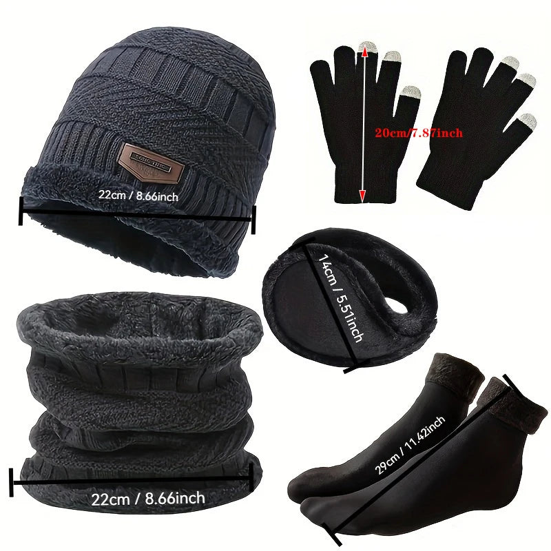 Outdoor leisure set Men's winter hat outdoor winter scarf, gloves, neckline, one plus cashmere insulated knit hat and socks