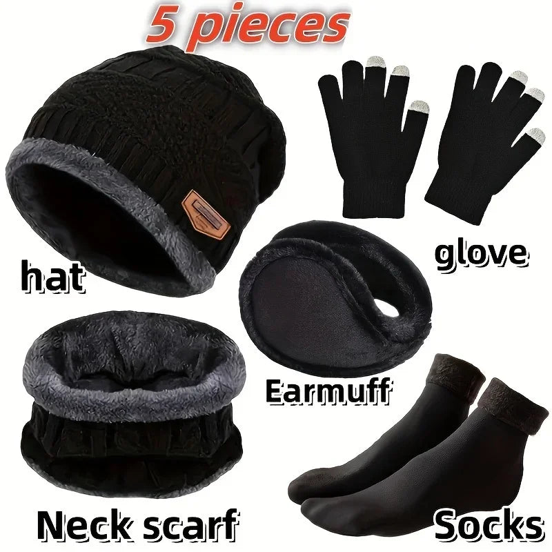 Outdoor leisure set Men's winter hat outdoor winter scarf, gloves, neckline, one plus cashmere insulated knit hat and socks