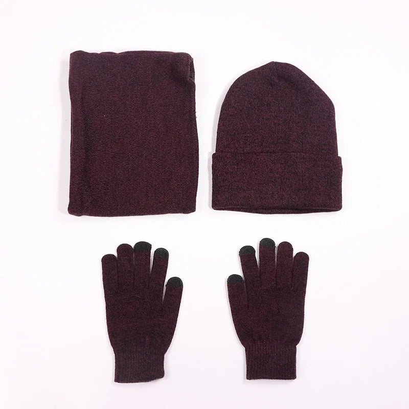 Winter Set Hat Scarves Touch Screen Gloves 3pcs Warm Men Women Fashion Thickening Plus Wool Neck Protect Cap Outdoor Riding