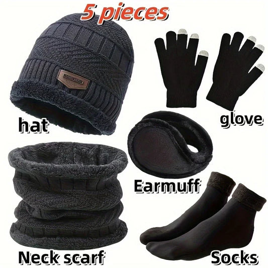 Outdoor leisure set Men's winter hat outdoor winter scarf, gloves, neckline, one plus cashmere insulated knit hat and socks